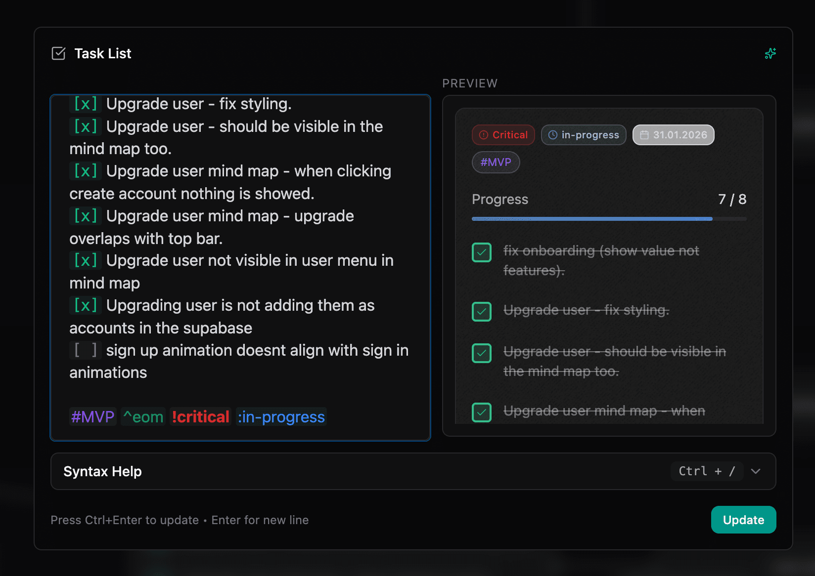 Node editor with task list and command preview